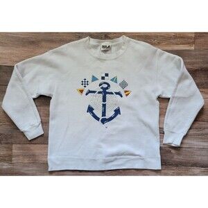 Vintage HRLA Sailor Anchor Sweater Crewneck Size M White Delta Tag 80's Art Deco